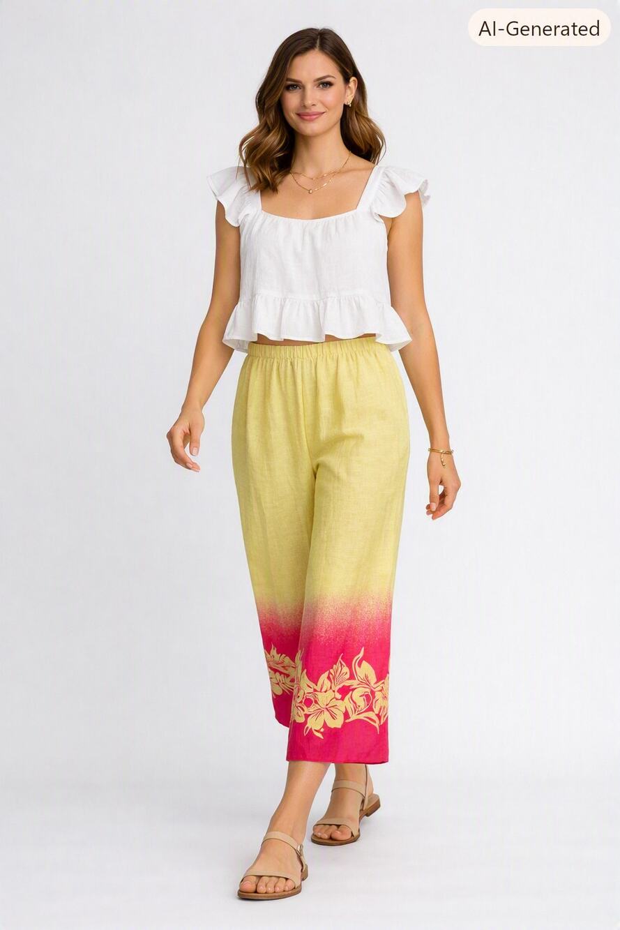 Linen Cropped Pants Culottes Yellow Pink Tropical Small